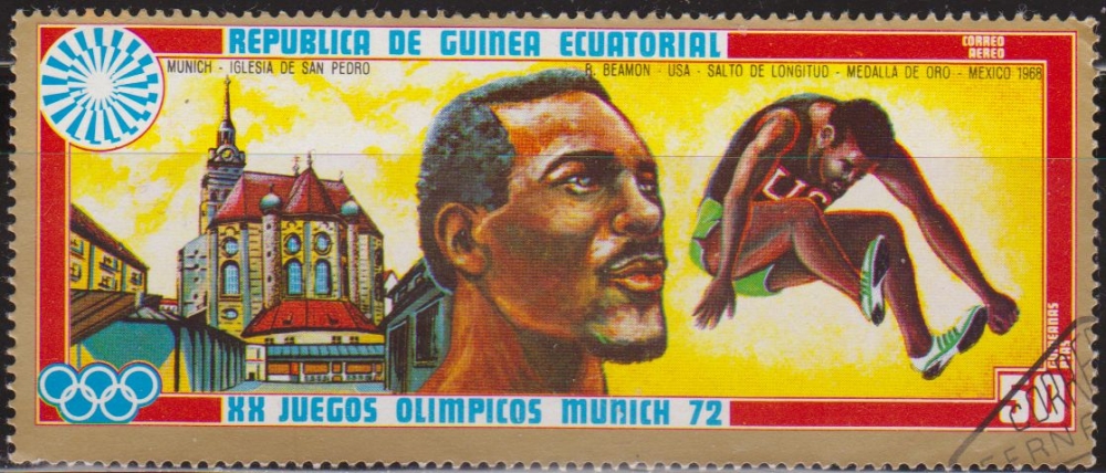 Guinea Ecuatorial 1972 Michel 087 Sello * Juegos Olimpicos Munich'72 Eglise San Pedro y B. Beamon Usa Salto Longitud Medalla Oro Mexico Guinée Equatoriale Preobliteré Matasello de favor Preobliterado 